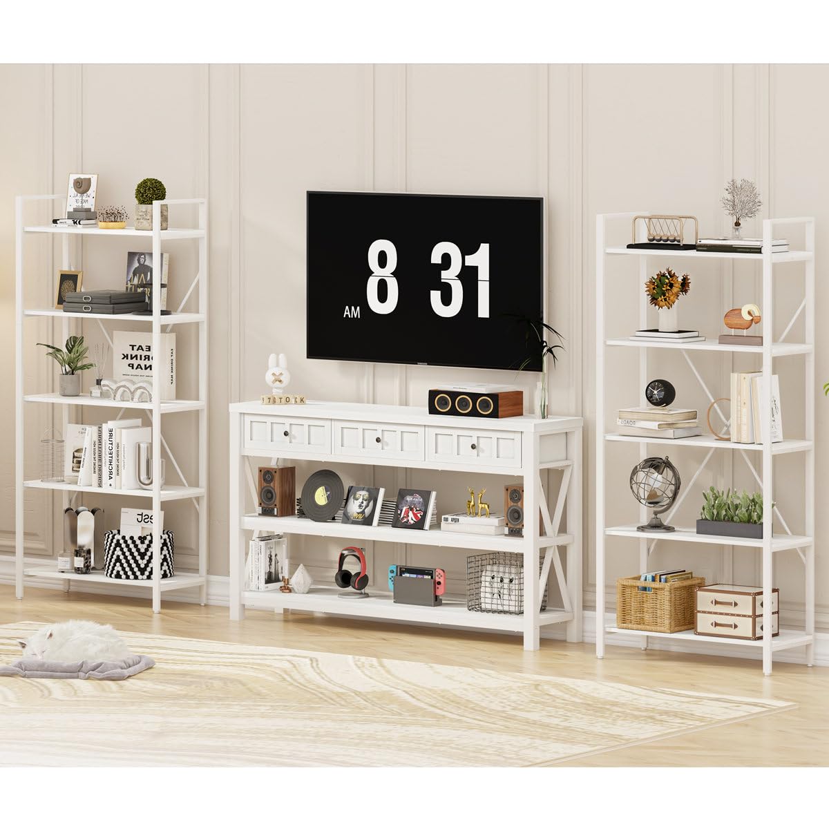 FATORRI Rustic Wood and Metal Console Table with 3 Drawers for Entryway and Living Room - White Oak FATORRI