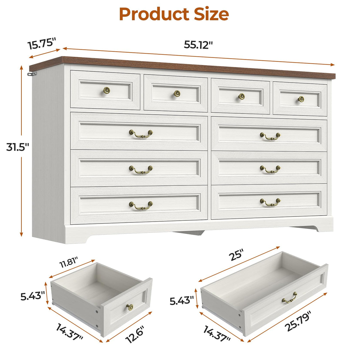 DICTAC 10 Drawers Dresser for Bedroom,55" Wide Farmhouse Dresser with Natural Texture and Vintage Metal Handles, Rustic Wood Chest of Drawers for Bedroom, Living Room, Hallway,White DICTAC