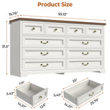 DICTAC 10 Drawers Dresser for Bedroom,55" Wide Farmhouse Dresser with Natural Texture and Vintage Metal Handles, Rustic Wood Chest of Drawers for Bedroom, Living Room, Hallway,White DICTAC