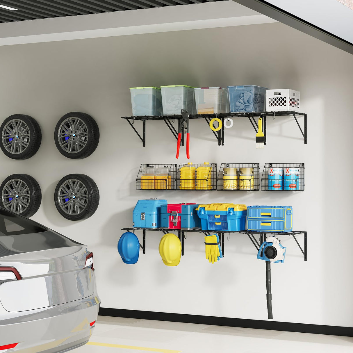 2 Pack Garage Tool Organizer Shelves Wall Mount with Wire basket, Heavy Duty Garage Wall Shelving with 4 Wall Hangers, Wire Shelf Basket Tool Organizer for Garage Garden Yard Organization and Storage LUMAMU