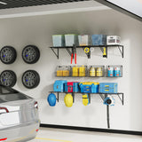 2 Pack Garage Tool Organizer Shelves Wall Mount with Wire basket, Heavy Duty Garage Wall Shelving with 4 Wall Hangers, Wire Shelf Basket Tool Organizer for Garage Garden Yard Organization and Storage LUMAMU