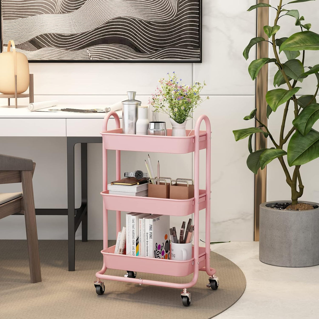 Elitehouse 3-Tier Pink Utility Rolling Cart,Kitchen Storage Carts with Wheels and Plastic Baskets,Pink Rolling Cart for Office,Home,Kitchen,Garden（18"x11.4"x31.2"） Elitehouse