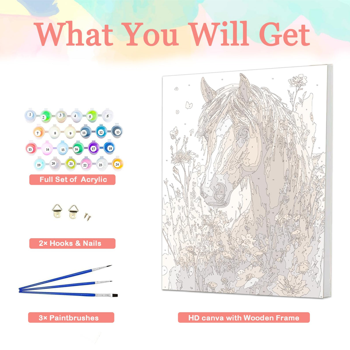 Auremi Horses Paint by Numbers Kits for Adults Beginners,Easy Animal Paint by Numbers on Canvas Framed DIY Painting by Numbers for Gift Home Wall Decor 8x12 Inch Auremi