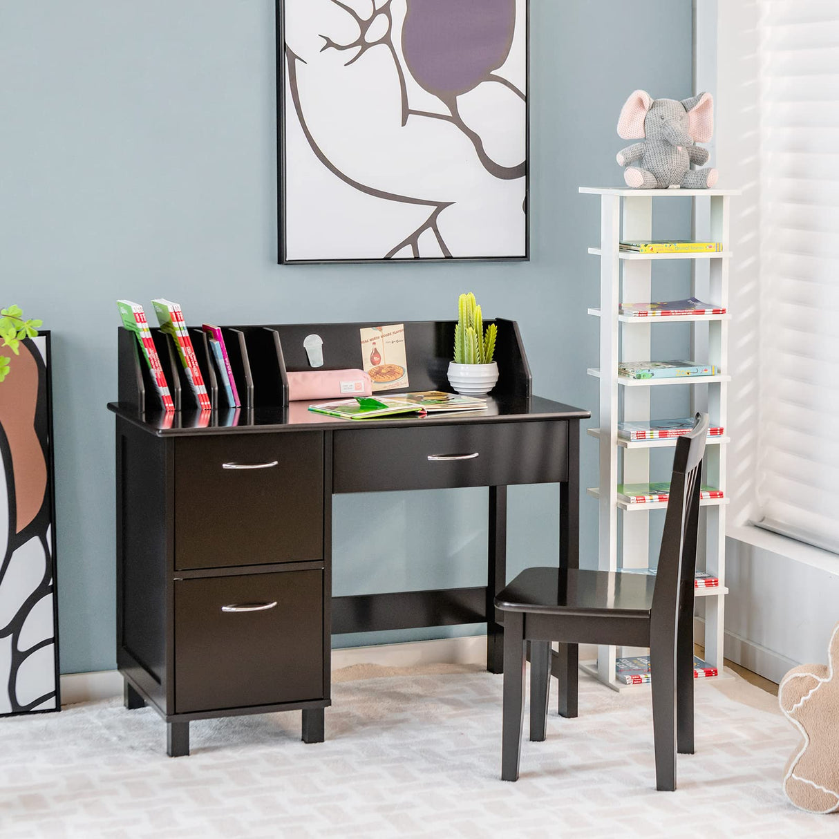 HONEY JOY Kids Desk and Chair Set, Wooden Children School Study Table and Chair w/Drawer, Storage Shelf & Cabinets, Student Computer Workstation Writing Desk for Bedroom, 3-8 Years Old (Dark Brown) HONEY JOY