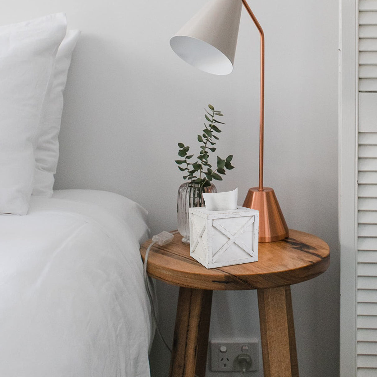 Karisky Farmhouse Square Tissue Box Cover with Slide-Out Bottom Panel, Wood Rustic Paper Facial Tissue Box Cover Holder for Bathroom, Bedroom, Night Stands, Office, 6 x 6 inch, White Karisky