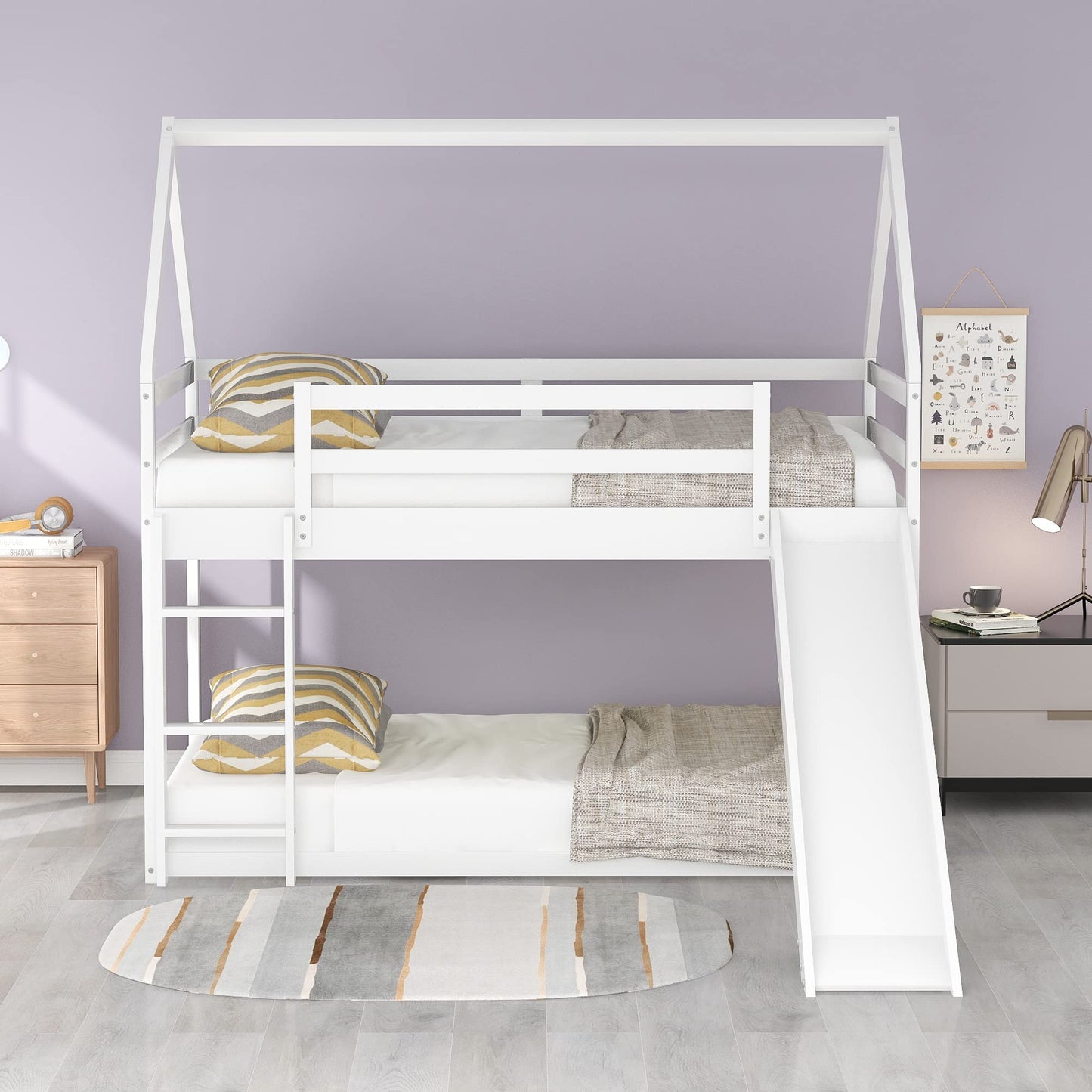 Harper & Bright Designs Twin Bunk Beds for Kids,Wood House Bunk Bed Twin Over Twin,Kids Bunk Bed with Slide and Roof for Girls Boys,White