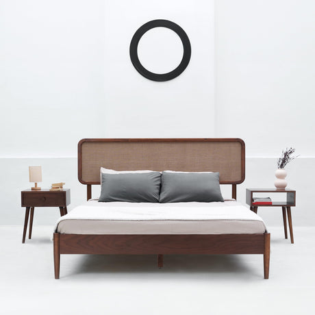 NTC Lupin Wooden Bed Frame with Headboard, Crafted from Walnut, Rubber Wood with Silent Slats and Wood Central Supports, 1000 Lb Capacity, Effortless Assembly, King - Dark Walnut NTC