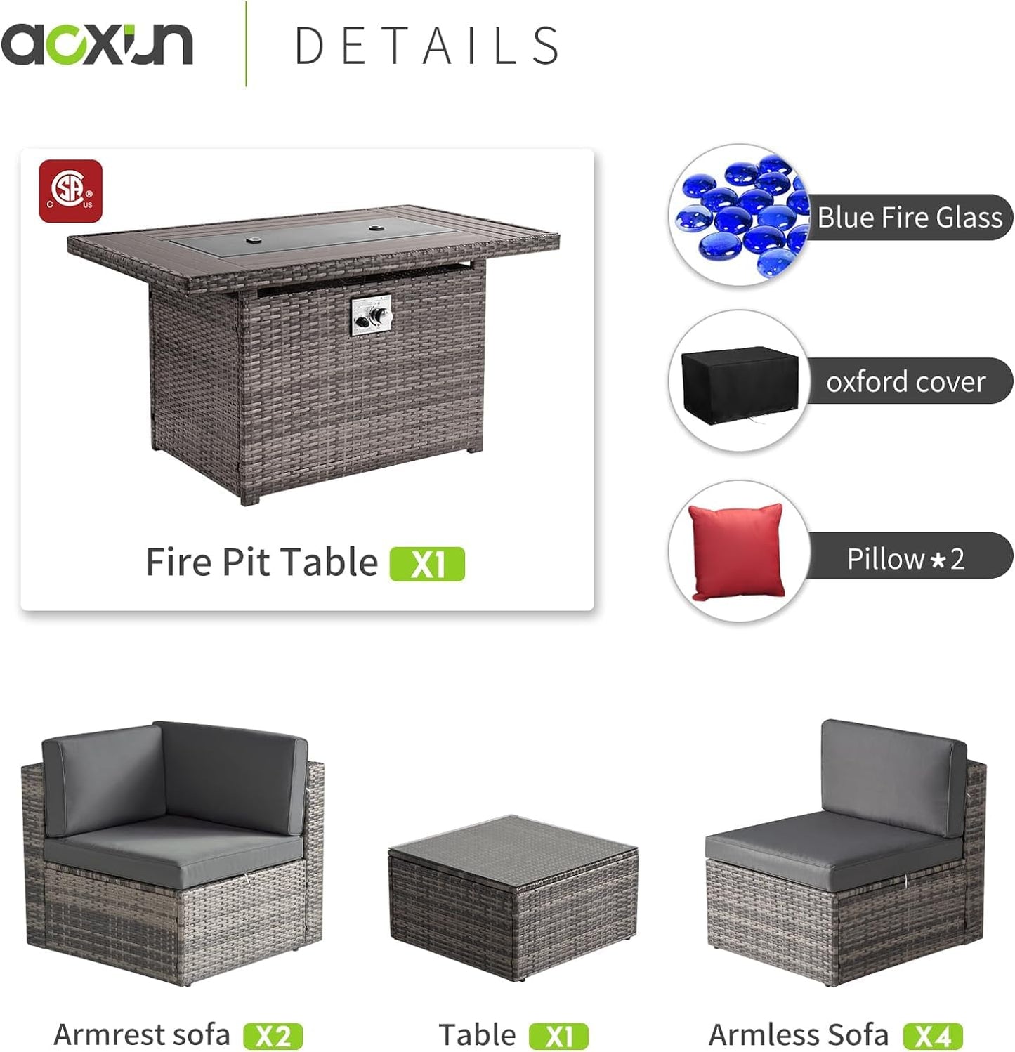 Aoxun 8-Piece Patio Furniture Set with 40” Fire Pit Table Wicker Rattan Conversation Set Outdoor Sectional Sofa with Removable Cushions and Coffee Table (Gray)