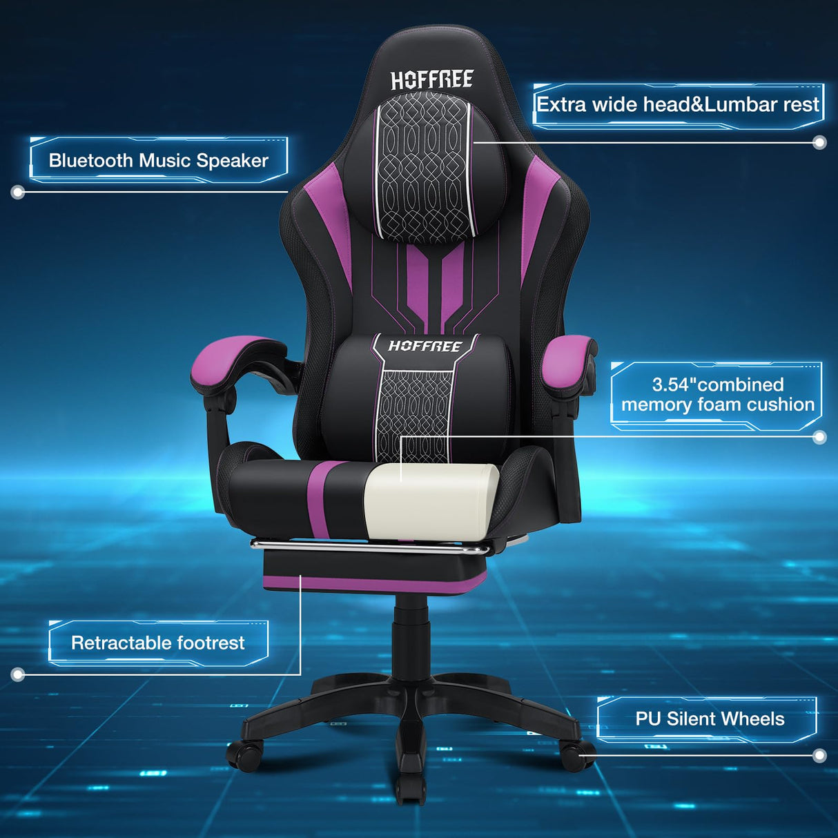 HOFFREE Gaming Chair with Speakers Massage Big and Tall Gaming Chairs with Footrest and Bluetooth for Adults 400lbs Reclining High Back Computer Desk Chair Purple and Black HOFFREE