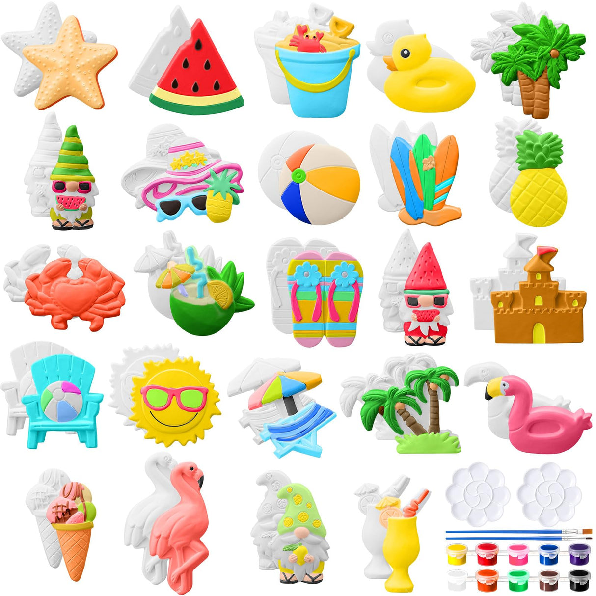WinnerWhy 24 Pcs Summer Beach DIY Painting Ceramic Kit for Kids Paint Your Own Ceramic Unpainted Plaster Figurines with Tools for Kids Adults Home School Activity Party Favor(Summer) WinnerWhy