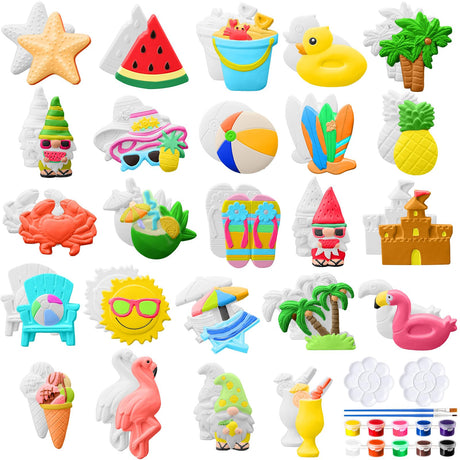 WinnerWhy 24 Pcs Summer Beach DIY Painting Ceramic Kit for Kids Paint Your Own Ceramic Unpainted Plaster Figurines with Tools for Kids Adults Home School Activity Party Favor(Summer) WinnerWhy
