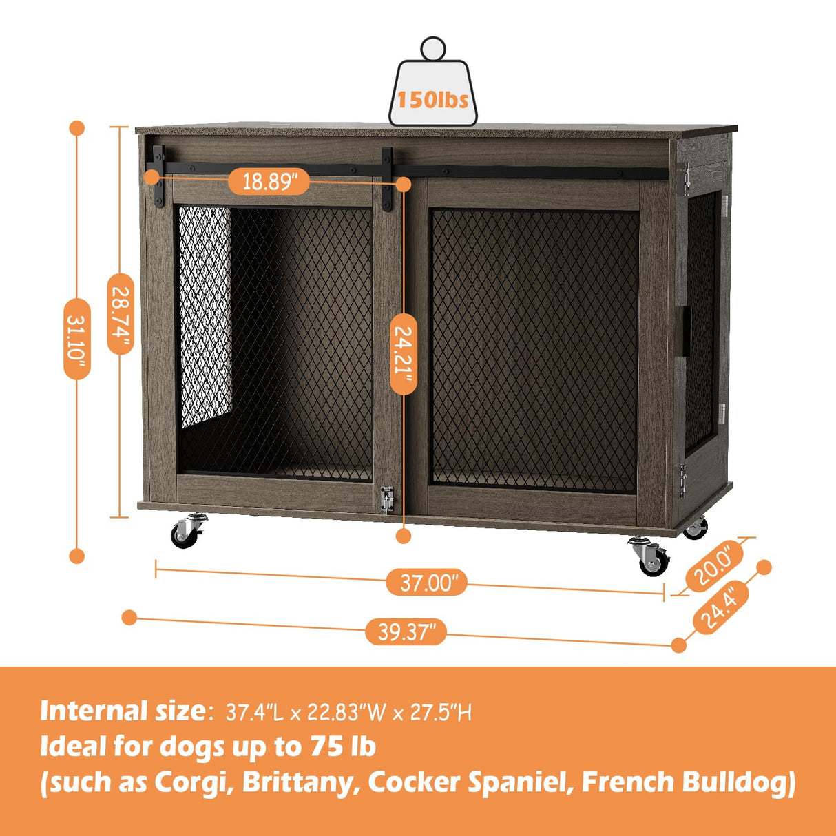 LINLUX 40 Inch Dog Crate Furniture, Wooden Heavy Duty Dog Kennel Indoor, Decorative Dog Cage Table for Large Medium Dogs, with Sliding Doors, Wheels and Flip-top Plate LINLUX