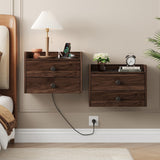 Floating Nightstand Set of 2 with 2 Storage Drawers and Charging Station Wood Wall Mounted Bedside End Table Modern Night Stands Set 2 for Bedroom,Small Space,Brown Walnut Vabches