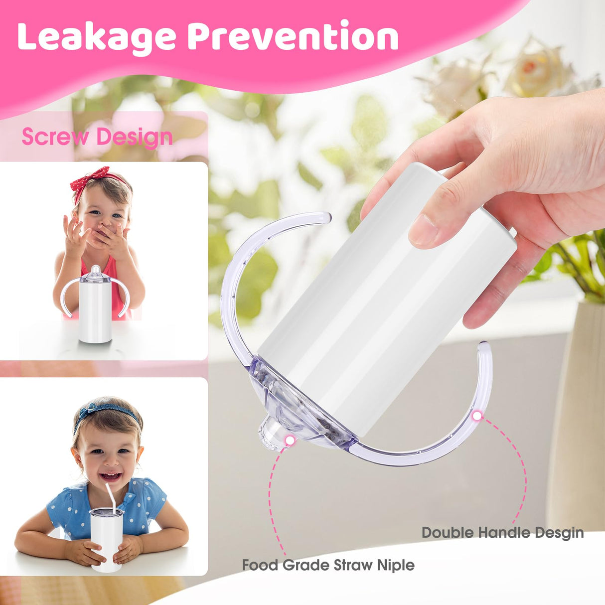 Vermida 12oz Stainless Steel Sippy Cups for Toddlers with Handles, Spill Proof Double Wall Vacuum Insulated Sippy Cups, Sublimation Blank Cups for School, Outdoor, 2 Pack White Vermida