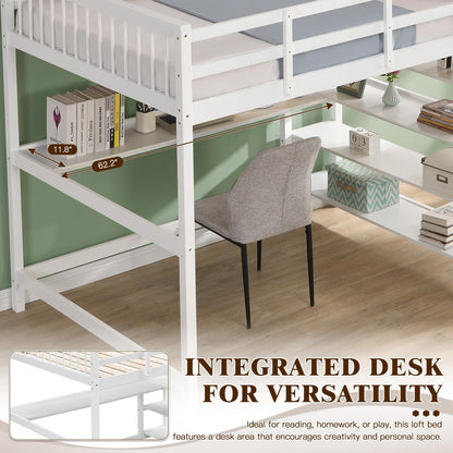 KINFFICT Space-Saving Twin Loft Bed with Integrated Desk and Bookshelves in White - WoodArtSupply