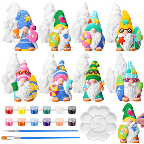 PullCrease 8 Pcs Ready to Paint Your Own Gnome Figurines Unpainted Plaster Crafts with Brush Palette Paint for Boys Adults Girls (Summer), Medium PullCrease