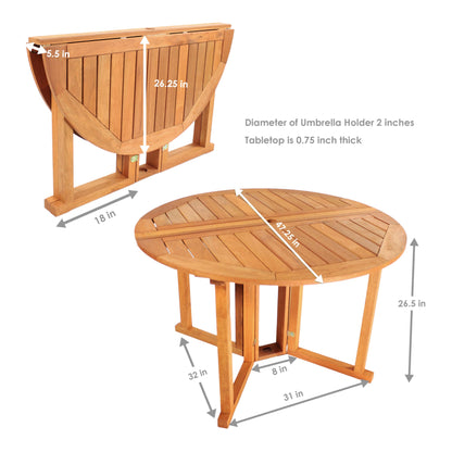 Sunnydaze Malaysian Hardwood Folding Gateleg Patio Dining Table with Teak Oil Finish – 4-Person Space-Saving Round Outdoor Table - 47.25” D x 29" H - WoodArtSupply