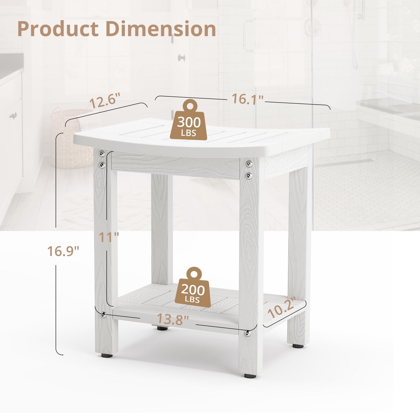 LUE BONA HDPS Shower Bench Seat, Shower Stool for Inside Shower Waterproof, Bath Spa Shower Foot Stool for Shaving Legs with Storage Shelf, Weather Resistant/Non-Slip/Indoor or Outdoor Use, W - WoodArtSupply