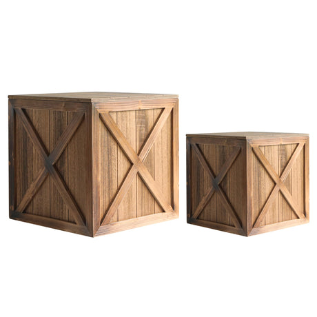 COLLECTIVE HOME - Wood Storage Ottoman, Rustic Storage Stool, 2 Pack Cube Seat Foot Rest Stool, Accent Side Table, Metal Storage Bin for Living Room Furniture, 16"/12" (Wood, barn Door) COLLECTIVE HOME