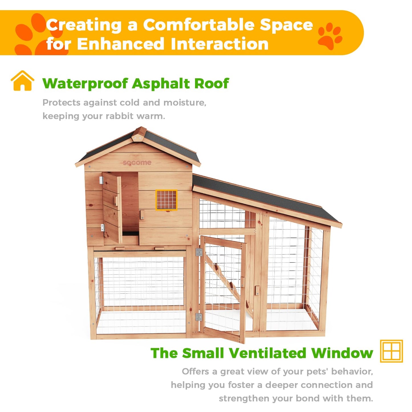 SOCOME 65" Solid Wood Rabbit Cage, Outdoor Rabbit Hutch with Run Area, Ventilation Fencing, Openable Roof, Lockable Doors and Ramp, Waterproof Animal House for Cats, Guinea Pigs, Ducks, Cherry