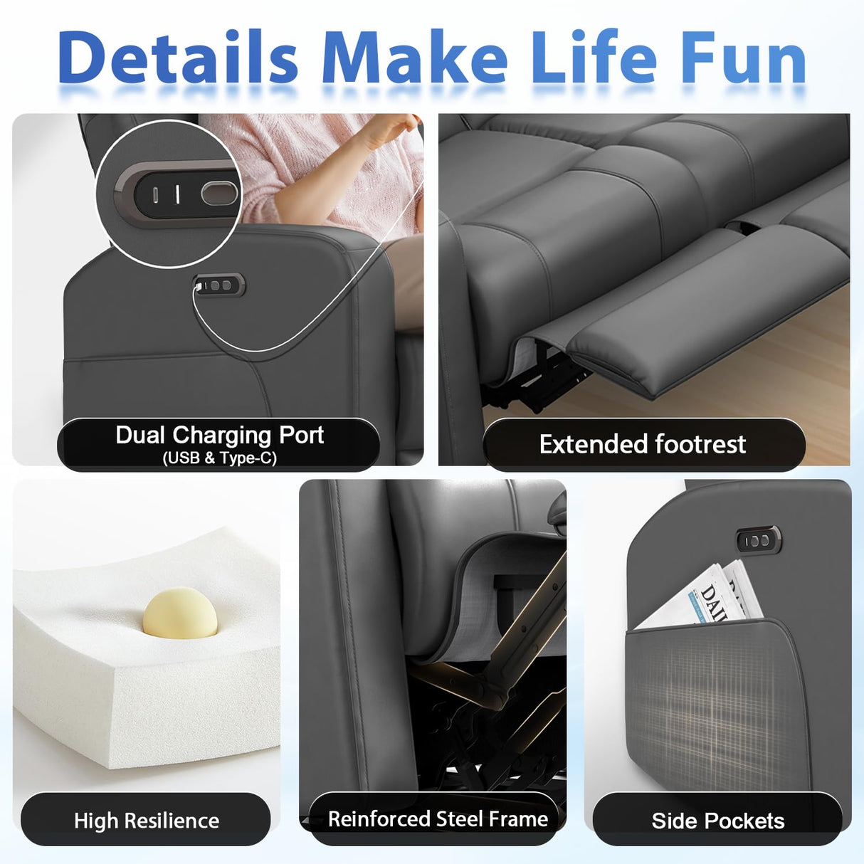 Duitrc Power Loveseat Recliner Sofa, Electric Reclining Loveseat with Adjustable Headrest, Extended Footrest, USB Type-C Ports, Grey PU Leather 2 Seater Reclining Couch for Living Room, RV, Office Duitrc