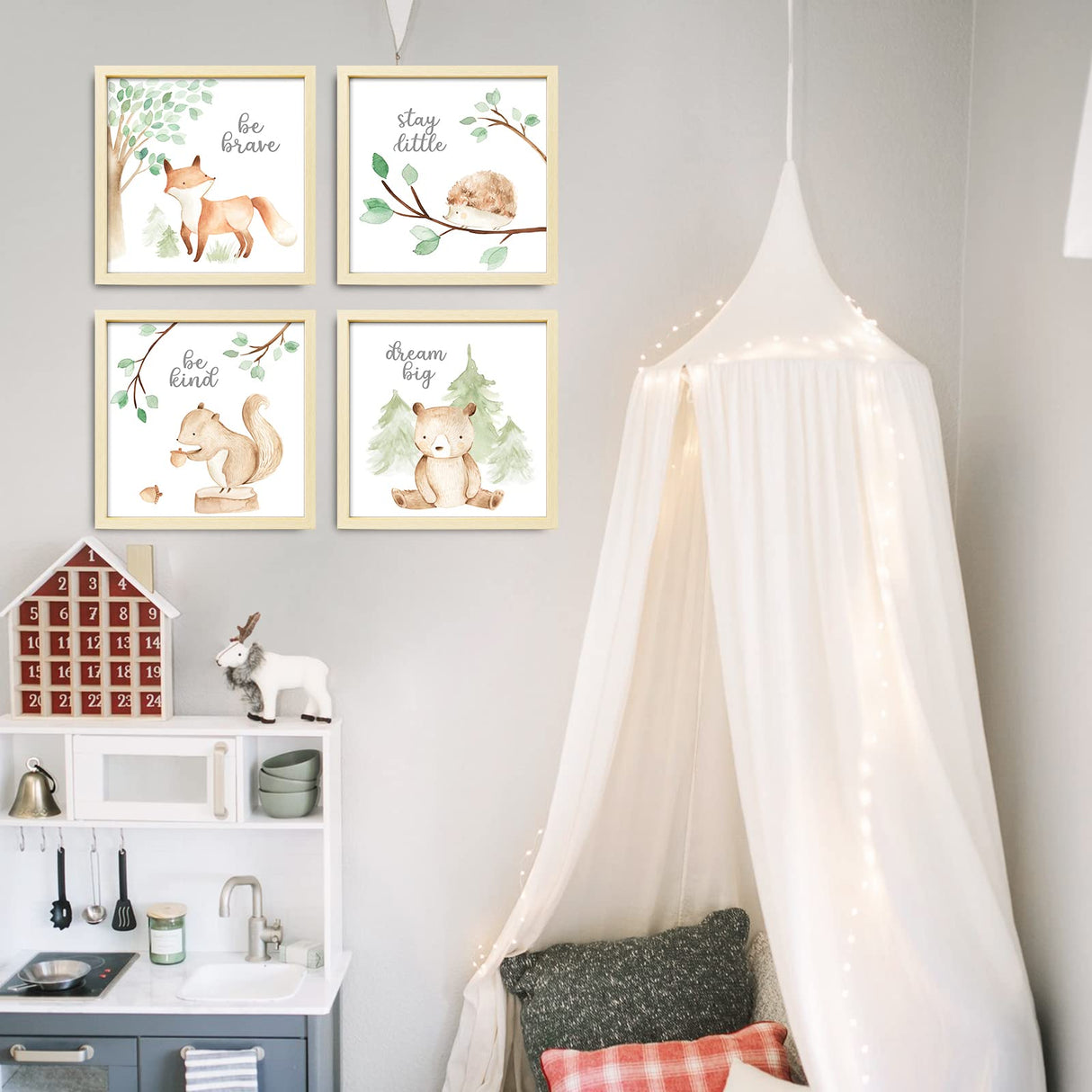 ArtbyHannah Framed Woodland Nursery Cute Wall Decor, 10x10 inch Safari Animals Prints Baby Wall Art with Wood Picture Frames for Kids Playroom Light-Wood Decoration(4 Pack, Fox, Owl, Squirrel, Bear) ArtbyHannah