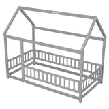 PVWIIK Twin Size Montessori Floor Bed with Roof & Fence Guardrails for Boys Girls Bedroom,Twin Size Floor Wooden Bed Frame,Easy Assemble,No Box Spring Needed, Gray PVWIIK
