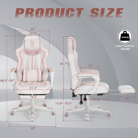 Vonesse Pink Gaming Chair for Girls, Pink Computer Gaming Chairs for Adults, Reclining Gamer Chair with Footrest with Massage, Ergonomic Home Office Gaming Chair High Back (White/Pink) Vonesse