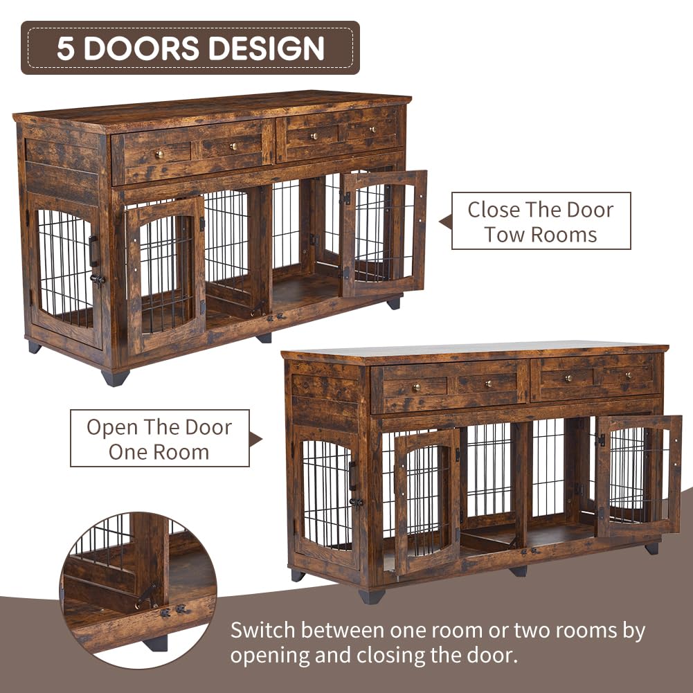 2 Rooms Dog Crate Furniture with Openable Partition,58" Wooden Dog Crate Table with 2 Drawers,5-Doors Dog Furniture,Indoor Dog Kennel,Dog House,Dog Cage,TV Stand (Brown)