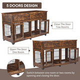 2 Rooms Dog Crate Furniture with Openable Partition,58" Wooden Dog Crate Table with 2 Drawers,5-Doors Dog Furniture,Indoor Dog Kennel,Dog House,Dog Cage,TV Stand (Brown) Knowfunn
