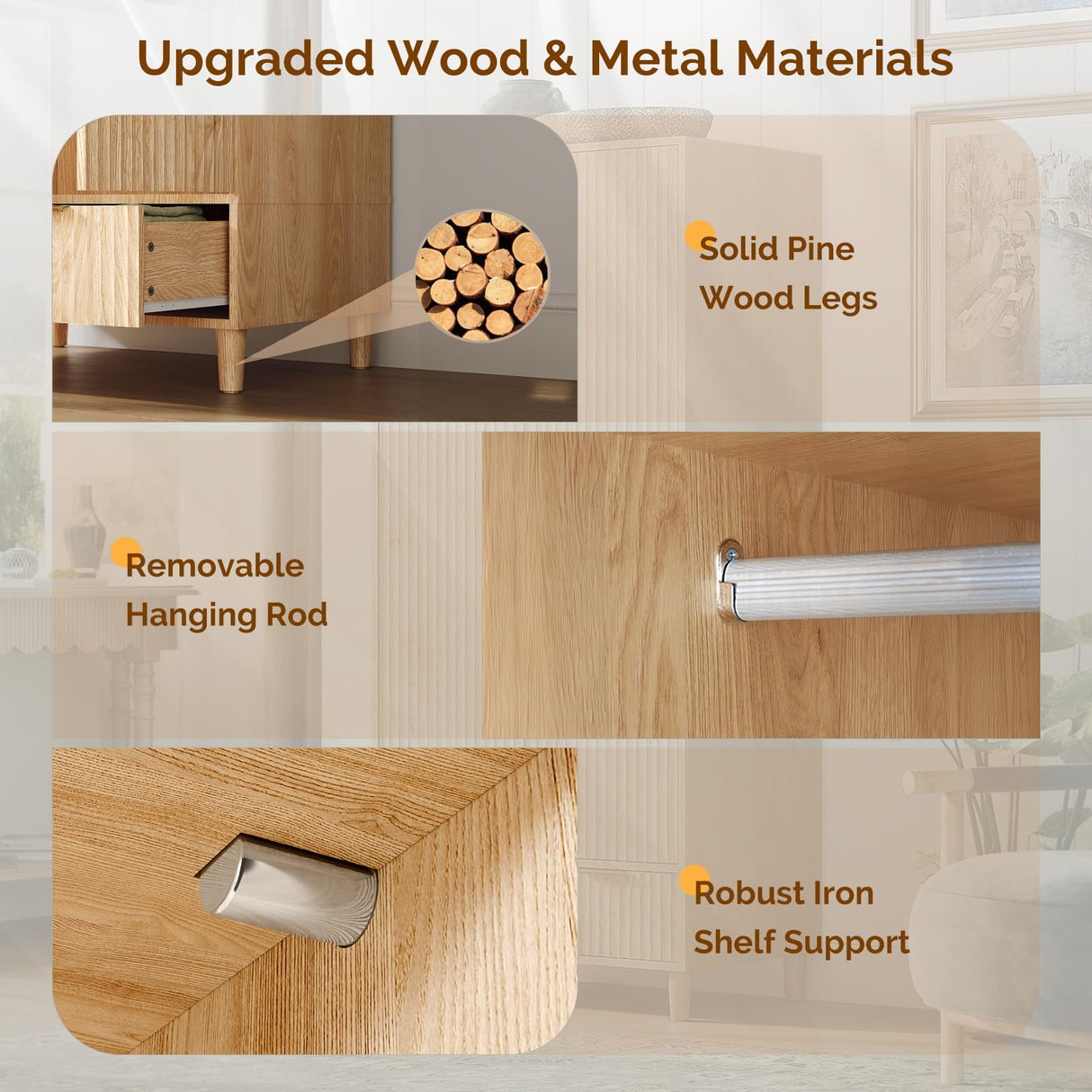 VINGLI Fluted Wardrobe Closet Armoire with Doors And Drawers, Wardrobe Cabinet with Hanging Rack, Bedroom Closet Wood, Oak Free Standing Armoire with Shelf and Solid Wood Legs, 31.5"W*19.7"D*69.3"H VINGLI