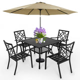 SUNCROWN 5-Piece Outdoor Wrought Iron Chairs and Table Patio Dining Furniture Set - 4 Stackable Metal Chairs, 1 Steel Slat Bistro Table and 1 Brown 9Ft Patio Umbrella for Garden Backyard Deck SUNCROWN