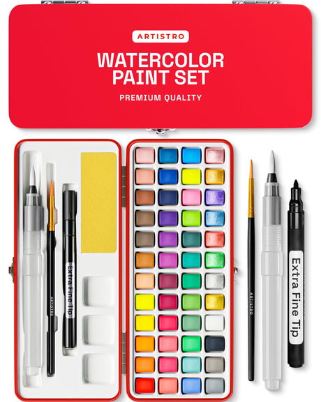 ARTISTRO Watercolor Paint Set in Portable Box, Includes Metallic and Fluorescent Paints, 2 x Brushes, Watercolour Paper, Acrylic Markers, Travel kit for Artist and Beginners ARTISTRO