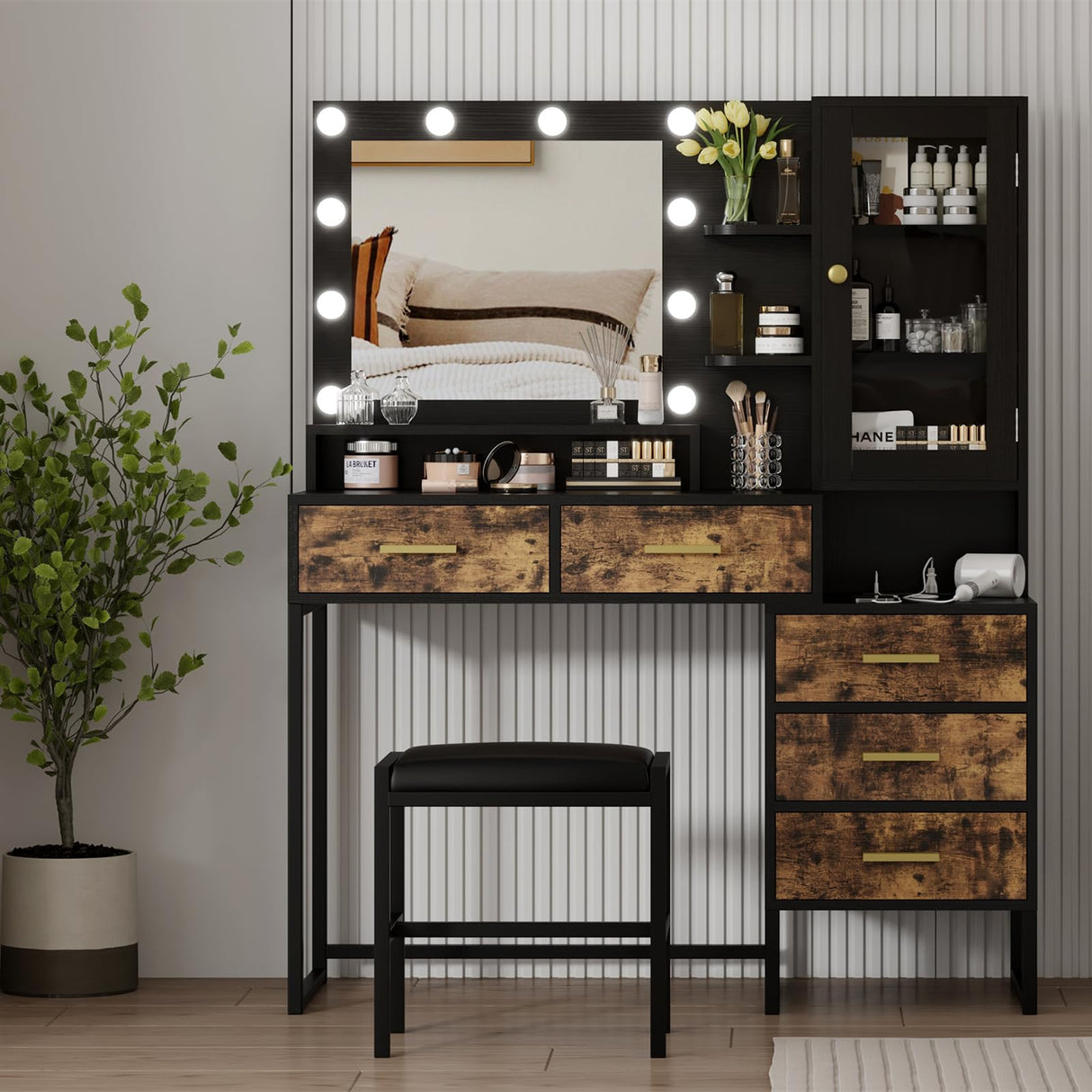 Makeup Vanity with Lights in 3 Colors, Vanity Table with Charging Station of 2 USB Ports and Outlets, Vanity Desk with Large Mirror, Drawers and Shelves, Rustic Brown and Black Knowfunn