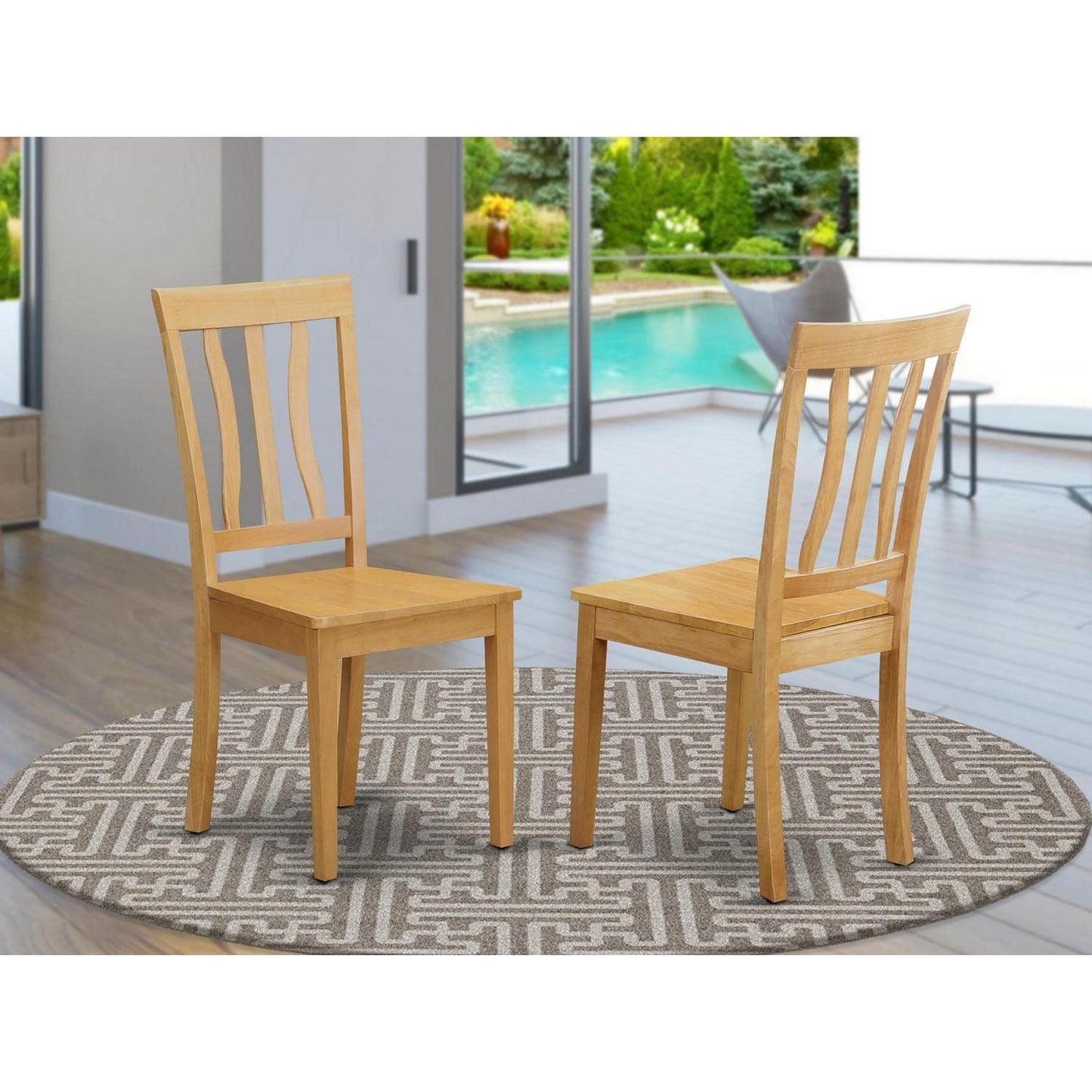 East West Furniture ANC-OAK-W Antique Dining Room Chairs - Slat Back Wooden Seat Chairs, Set of 2, Oak
