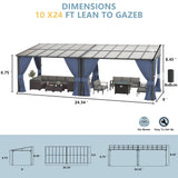 Kurapika 10’ x 24’ Gazebo, Wall Mount Gazebo Outdoor Pergola, Hardtop Lean to Gazebo Canopy Awnings with Sloped Roof and Sturdy Steel Frame, for Patio, Porch, Deck, Backyard(Navy Blue) Kurapika