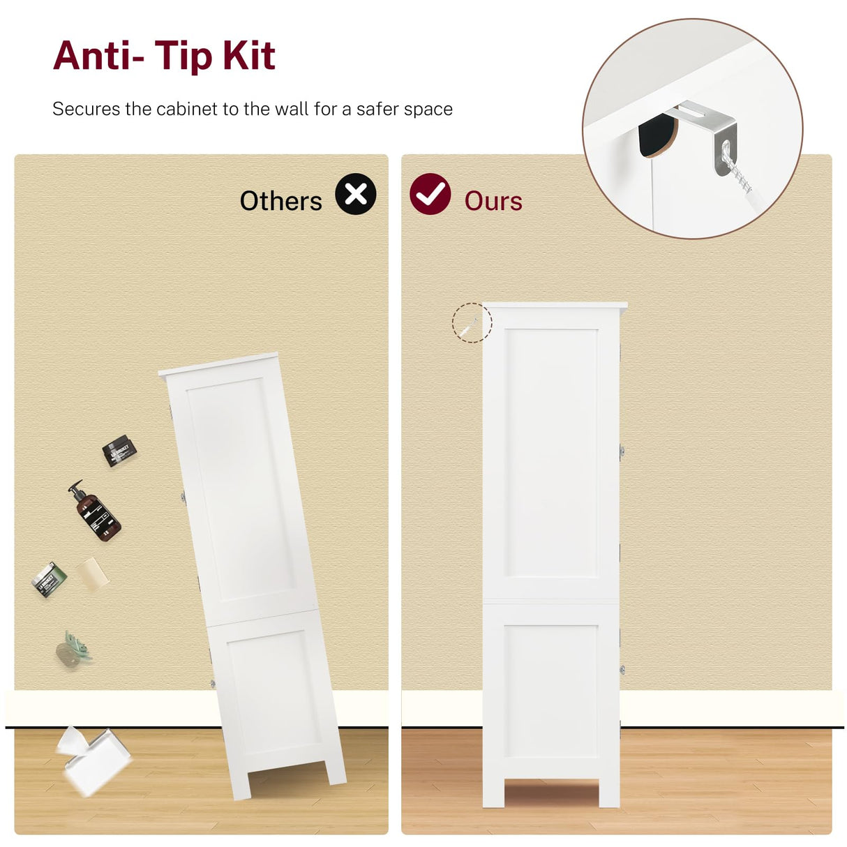 TEENFON 43'H Pantry Cabinet with 4 Doors, Kitchen Cabinet with 6 Door Shelves, Kitchen Pantry for Living Room, Dining Room, Bathroom, White TEENFON