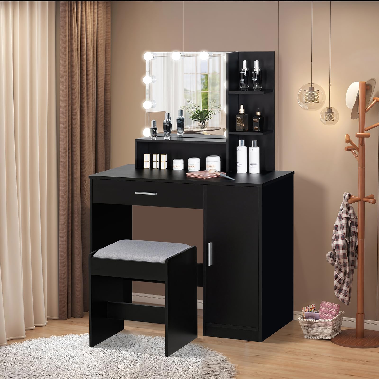 usikey Makeup Vanity Desk for Valentine's Day, Vanity Desk Set with 1 Drawer, 1 Cabinet & 3 Shelves, Makeup Vanity Table with Stool for Bedroom, 3 Lighting Modes & Brightness Adjustable, Blac - WoodArtSupply