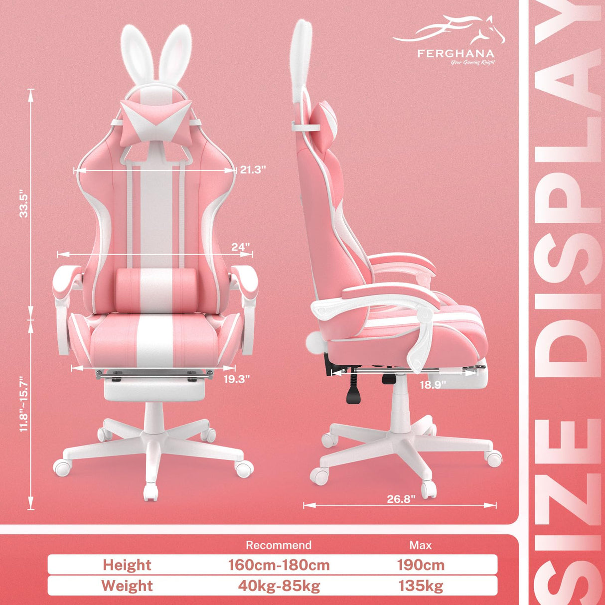 Ferghana Kawaii Pink Gaming Chair with Bunny Ears, Ergonomic Cute Gamer Chair with Footrest and Massage, Racing Reclining Home Computer Game Chair for Girls Adults Teens Kids Ferghana