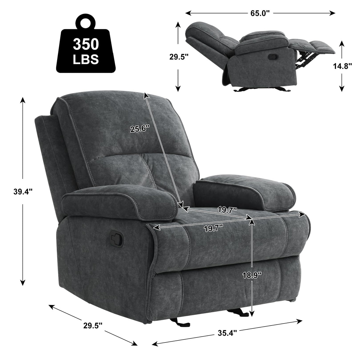 KeyEnergy Manual Rocker Recliner Chair for Adults, High Back Glider with Deep Seat, Upholstered Fabric Armchair for Living Room & Nursery, Dark Grey KeyEnergy