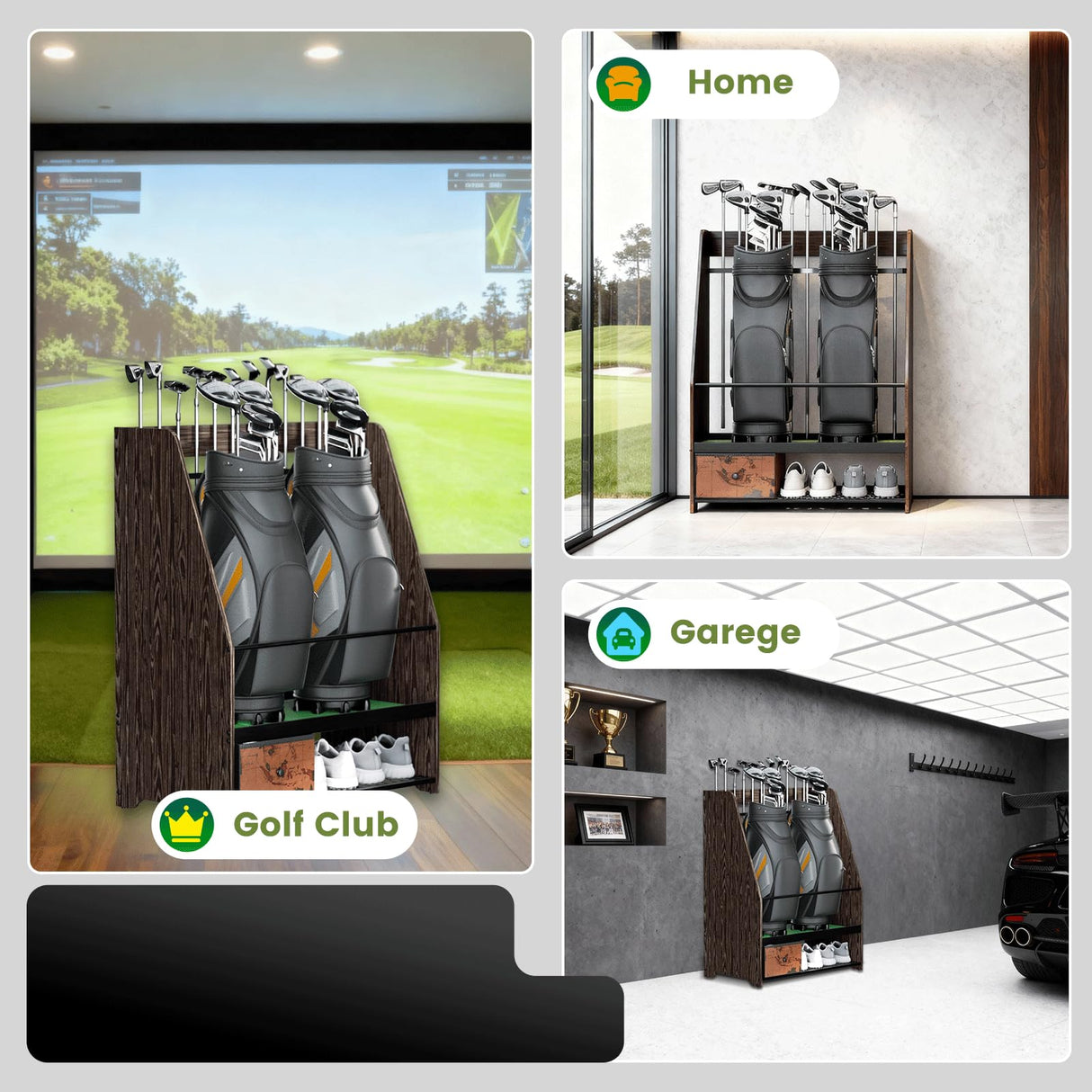 Ponsonbay Golf Bag Organizer Rack – Large Wooden Golf Storage for 2 Bags, Clubs & Accessories with Dustproof Drawer, Sports Equipment Rack for Garage, Practice Room, Home or Office (Black) Ponsonbay