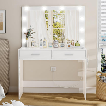 FIONESO Vanity Desk with Large Mirror, Makeup Vanity Table with Power Strip, 10 Lights & 2 Drawers, Dressing Table Set with 3 Lighting Color Adjustable for Women and Girls, Bedroom, White