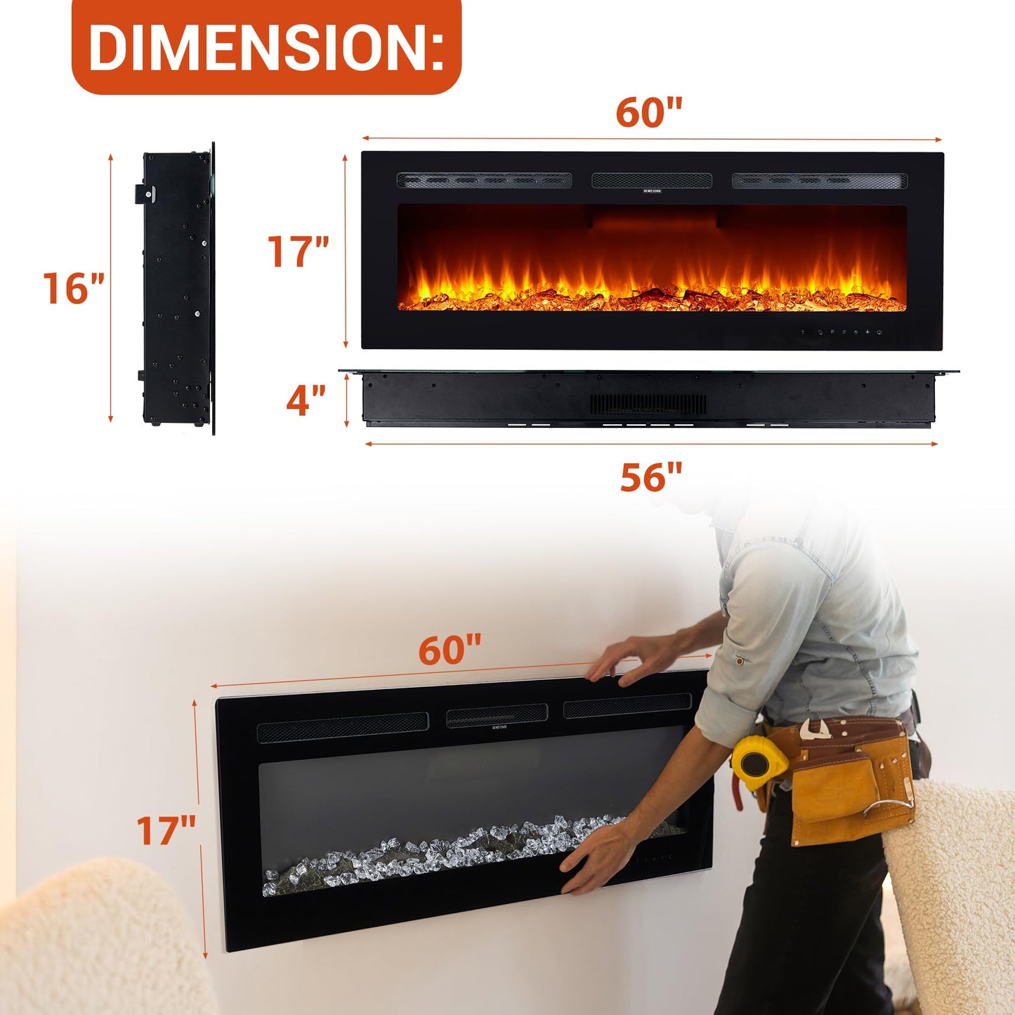 LuyFuitre 60" Electric Fireplace Wall Mounted, Recessed Wall Fireplace Electric with Remote Control & Touch Screen, Ultra Thin Electric Fireplace Heater, Adjustable 12 Flame Colors 5 Speed, 750/1500W