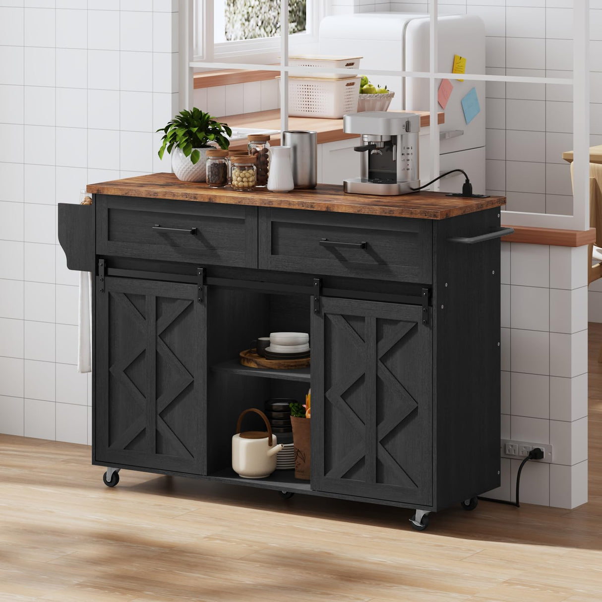 HOOBRO Kitchen Island with Storage, Power Outlet, Rolling Kitchen Island Cart on Wheels, with 2 Drawers, Sliding Barn Doors and Lockable Wheels, Farmhouse, Black BF28UZD01 HOOBRO