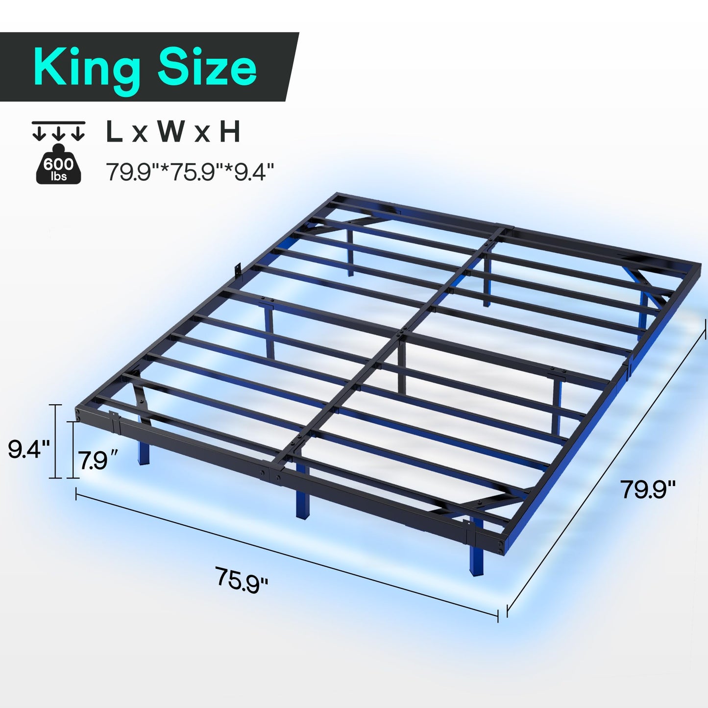 SogesSleep Black King Size Floating Bed Frame with LED Lights - Heavy Duty, No Box Spring Needed - WoodArtSupply