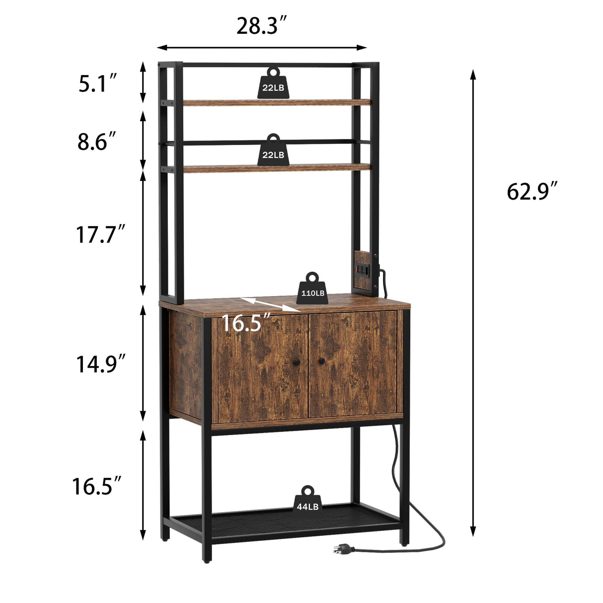 EUBUY Bakers Rack with Power Outlets, 5-Tier Storage Shelf Wood Coffee Bar Cabinet for Kitchen Dining Room, Coffee Bar Station, Kitchen Storage Shelf EUBUY