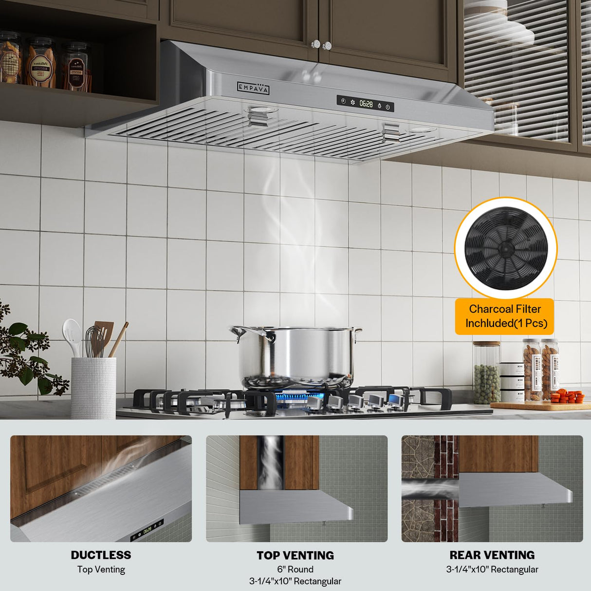 Empava Ductless/Ducted Range Hood Under Cabinet 30 Inch, Touch Control, 300 CFM Plug in, Stainless Steel Empava