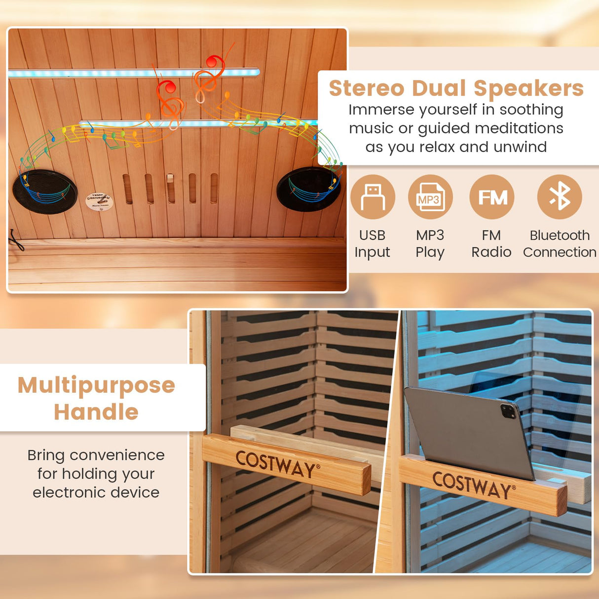 COSTWAY 1-2 Person Far Infrared Wooden Sauna Room, Canadian Hemlock Indoor Low EMF Sauna with Oxygen Ionizer, 9 Carbon Heaters, 4 Light Strips, Tempered Glass Door, Personal Sauna for Home COSTWAY