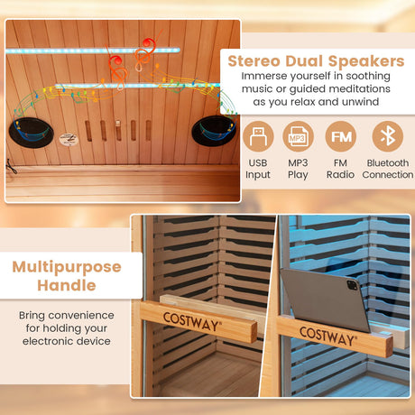 COSTWAY 1-2 Person Far Infrared Wooden Sauna Room, Canadian Hemlock Indoor Low EMF Sauna with Oxygen Ionizer, 9 Carbon Heaters, 4 Light Strips, Tempered Glass Door, Personal Sauna for Home COSTWAY