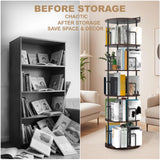 Amzeth Solid Wood Rotating Bookshelf, 5 Tiers, 360 Degree Rotating Bookshelf Tower, Round Floor Standing Rotating Bookcase with Anti-Tipping Design for Small Spaces, Corners, Bedrooms, Etc- Brown Amzeth